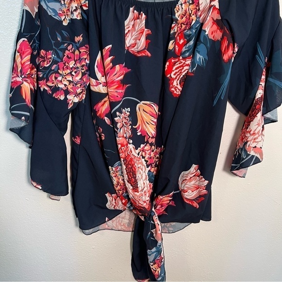 Off Shoulder Blouse Blue Red Floral Tie Front - Picture 7 of 13